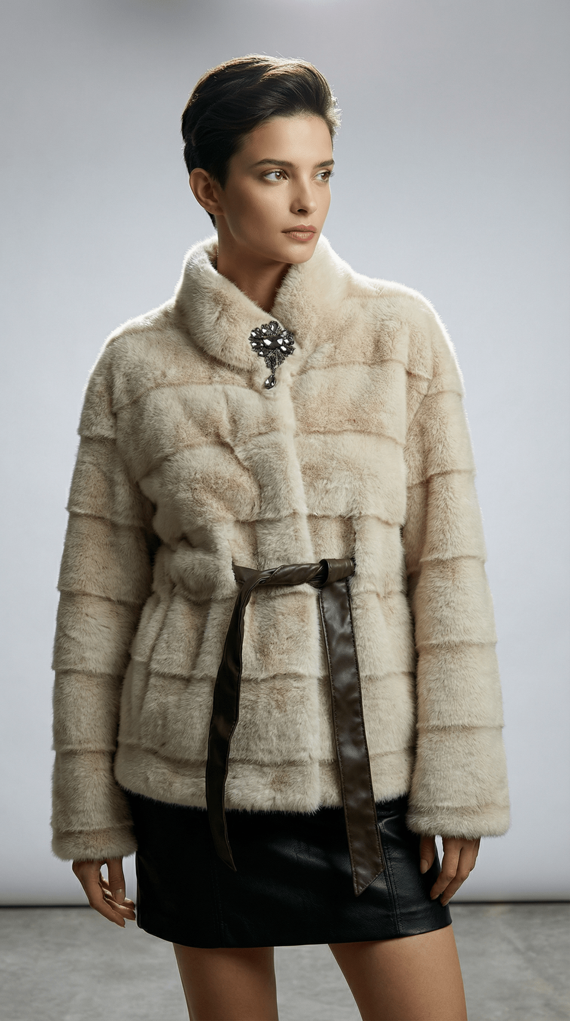 Haina de blana artificiala crem cu broșă și cordon - OK Lux. All rights reserved. - Jackets - 