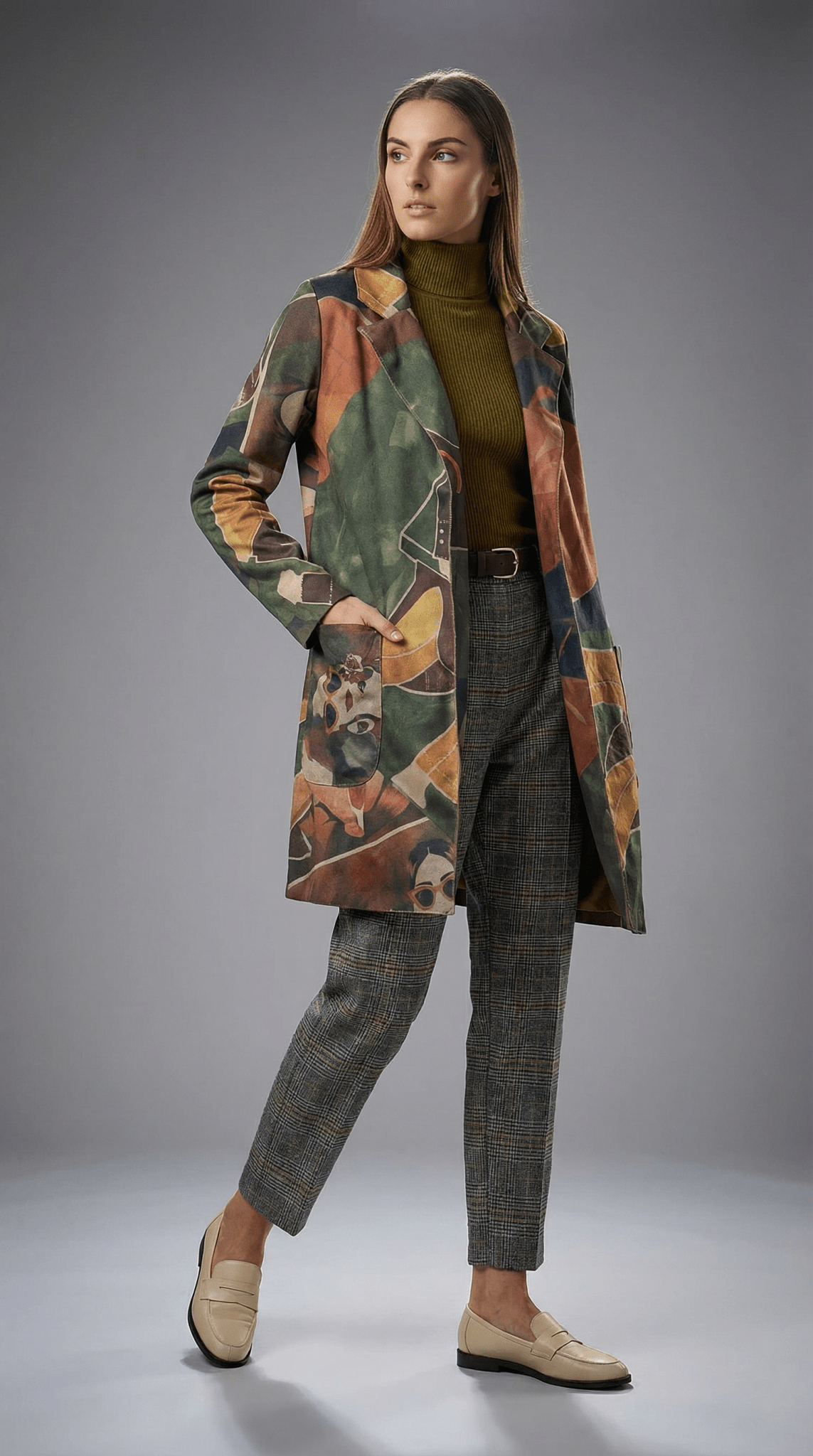 Haina eleganta cu imprimeu artistic multicolor si croiala dreapta - OK Lux. All rights reserved. - Jackets - 