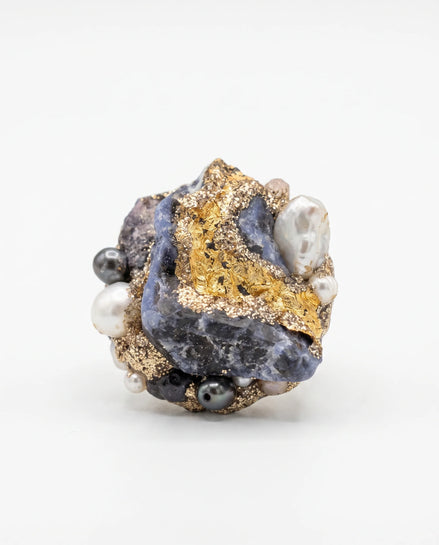 Inel Unicat Handmade cu Safir Brut, Foiță din Aur și Perle Naturale