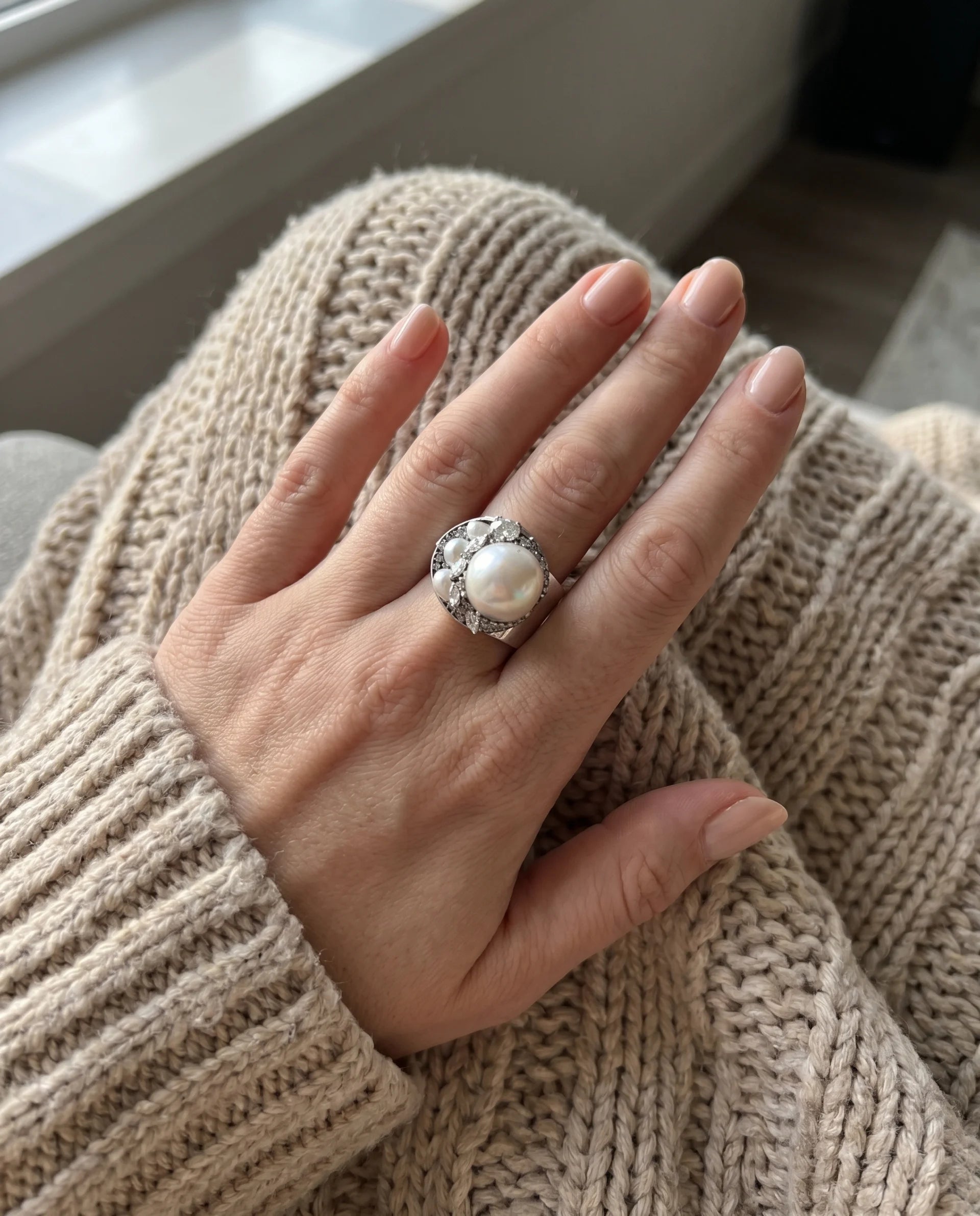Inel Handmade cu Perle și Zirconii – Unicat, Bază Reglabilă