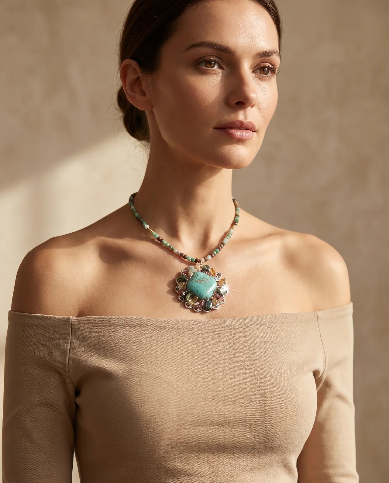 Colier Unicat cu Turcoaz, Smarald, Citrin, Turmalină și Carneol