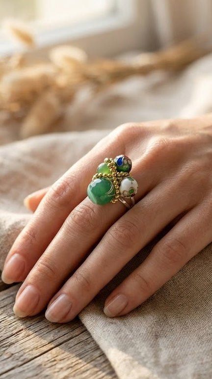 Inel Agat Fațetat și Artă Cloisonné (Reglabil) - OK Lux. All rights reserved. - Rings - 