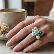 Inel Amazonit Pătrat, Perle de Cultură și Accente Aurii - OK Lux. All rights reserved. - Rings - 