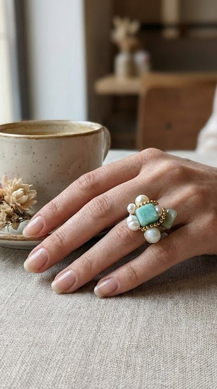 Inel Amazonit Pătrat, Perle de Cultură și Accente Aurii - OK Lux. All rights reserved. - Rings - 