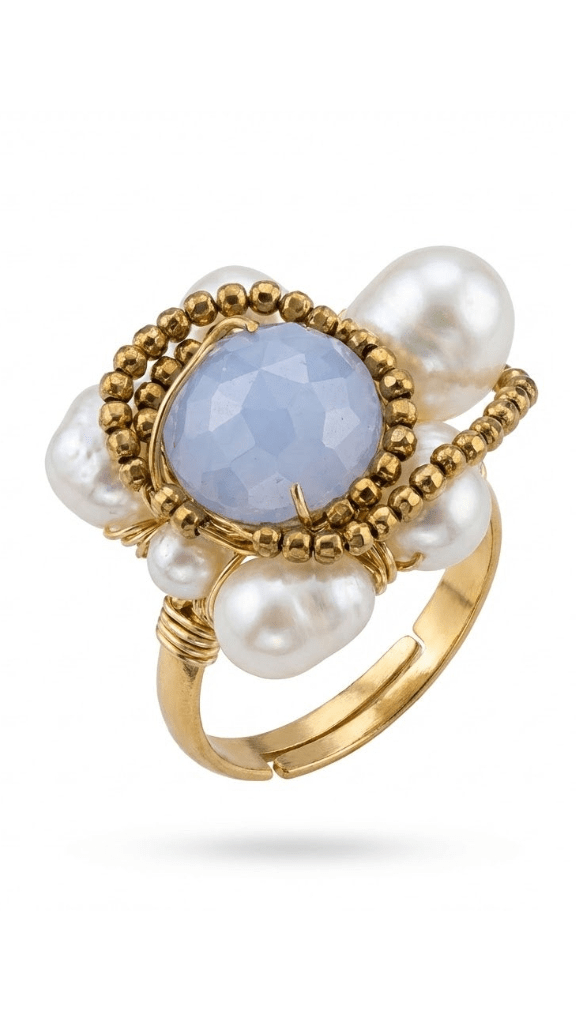Inel Calcedonie & Perle în Îmbrățișare Aurie - OK Lux. All rights reserved. - Rings - 