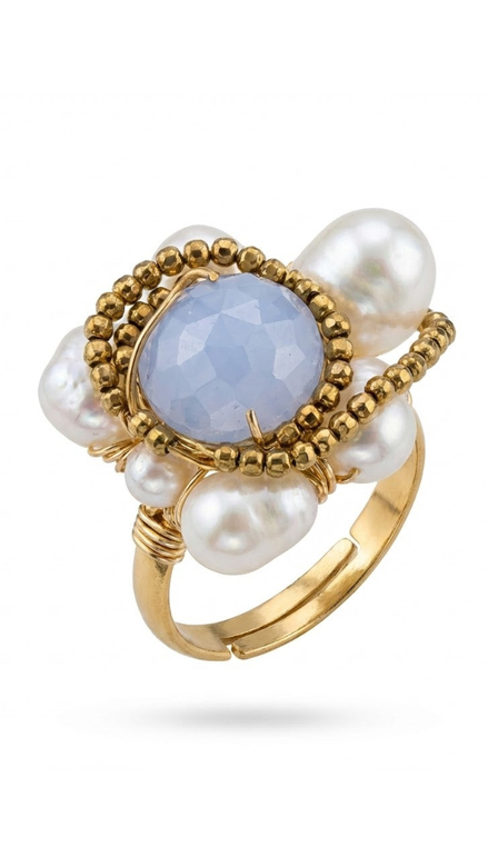 Inel Calcedonie & Perle în Îmbrățișare Aurie - OK Lux. All rights reserved. - Rings - 