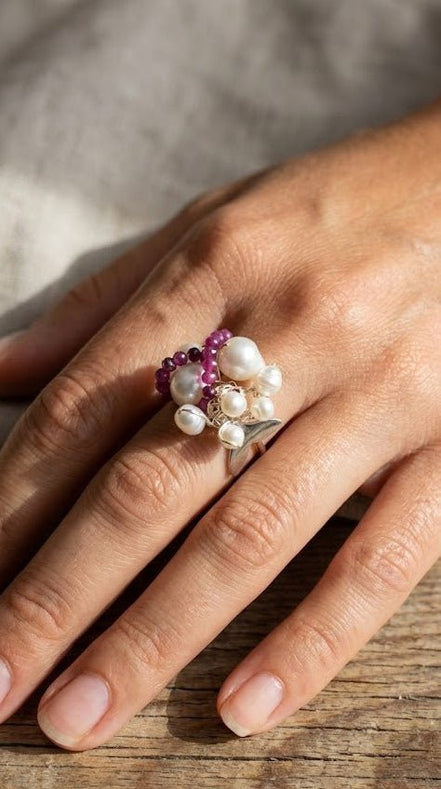 Inel Perle Naturale Baroc și Rubine Fațetate - OK Lux. All rights reserved. - Rings - 