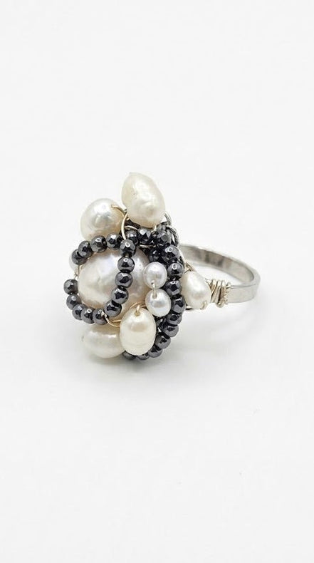 Inel Perle Naturale și Cristale Negre Fațetate (Reglabil) - OK Lux. All rights reserved. - Rings - 