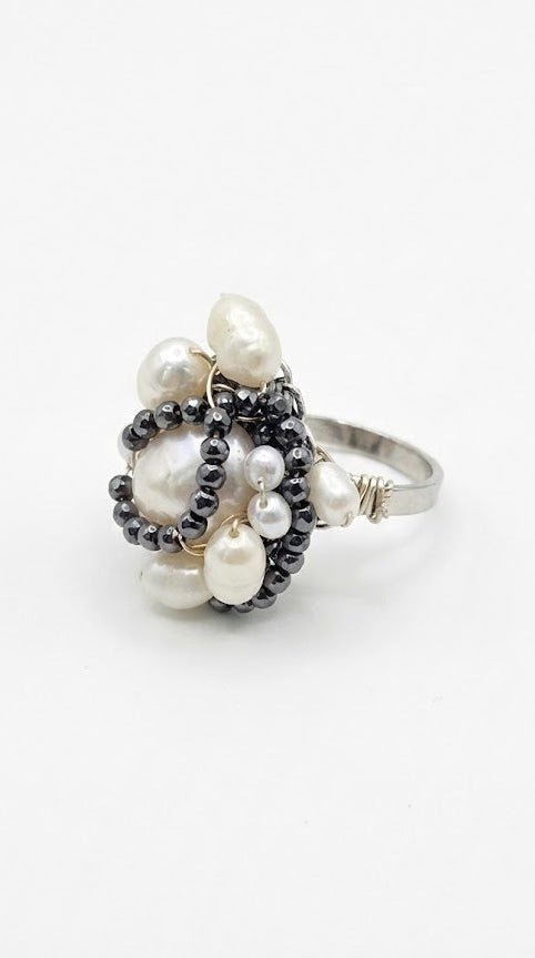 Inel Perle Naturale și Cristale Negre Fațetate (Reglabil) - OK Lux. All rights reserved. - Rings - 