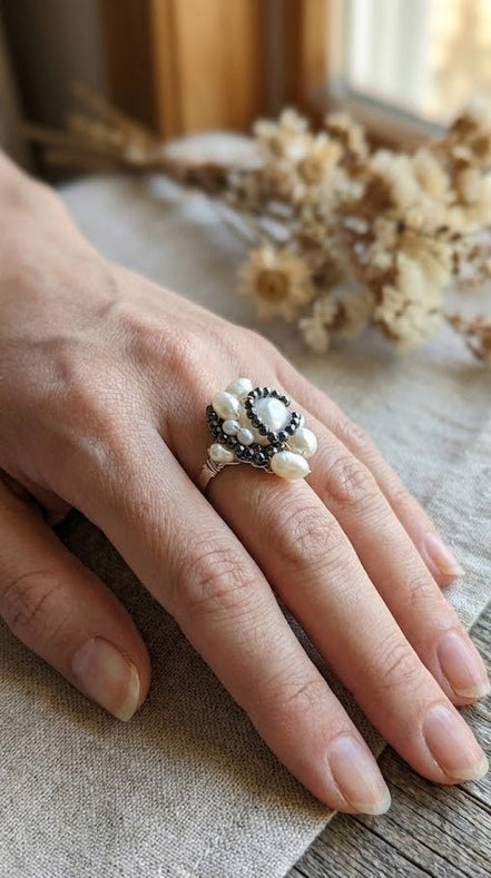 Inel Perle Naturale și Cristale Negre Fațetate (Reglabil) - OK Lux. All rights reserved. - Rings - 