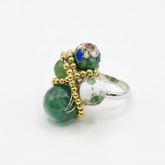 Inel Statement Agat Verde Fațetat și Artă Cloisonné – Handmade by Laura Stoica - OK Lux. All rights reserved. - Rings - 