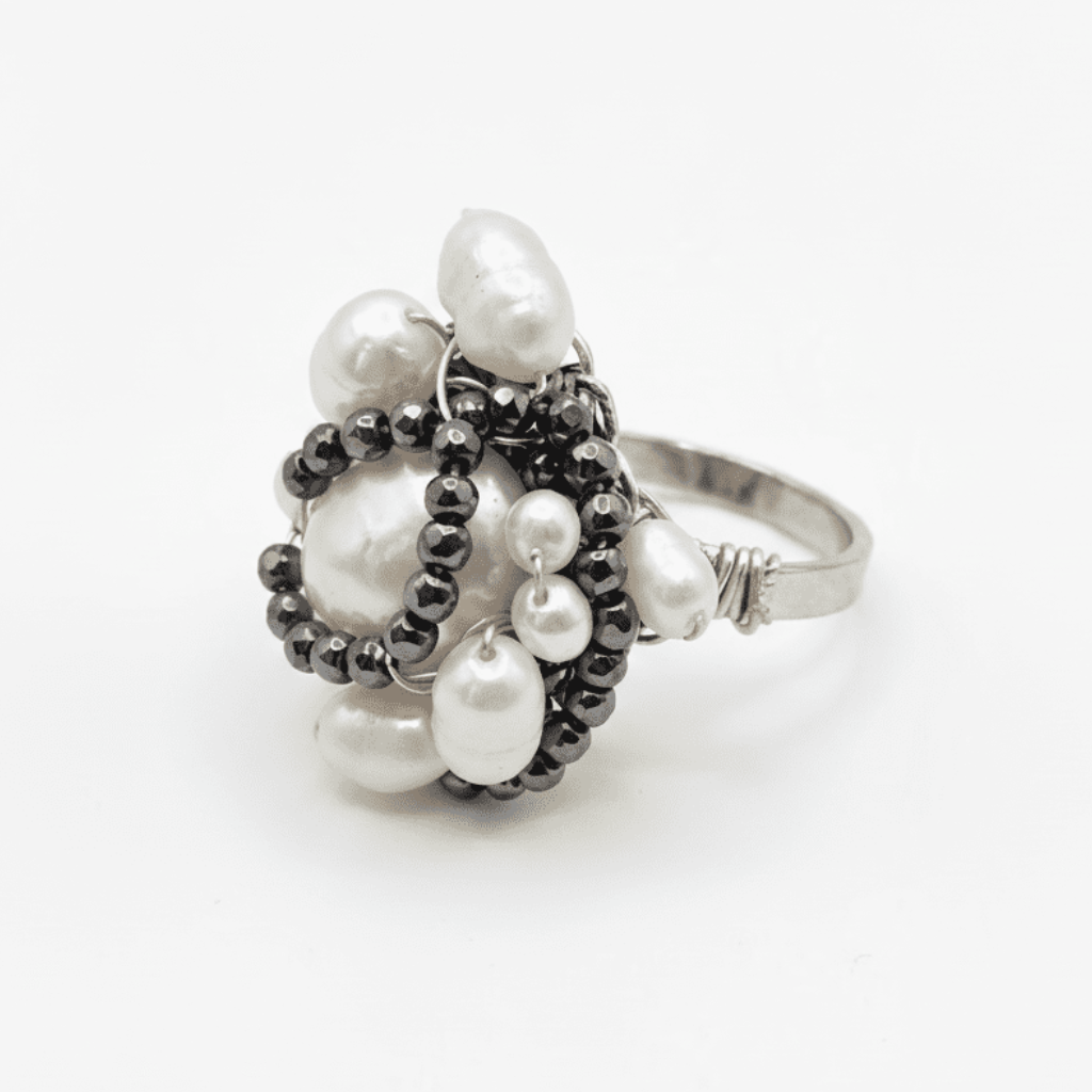 Inel Statement Black Pearl cu Perle Baroc și Cristale Negre Fațetate – Handmade by Laura Stoica - OK Lux. All rights reserved. - Rings - 