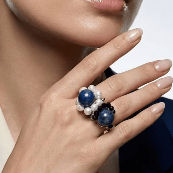 Inel Statement Cluster cu Lapis Lazuli și Perle Naturale Baroc – Handmade by Laura Stoica - OK Lux. All rights reserved. - Rings - 
