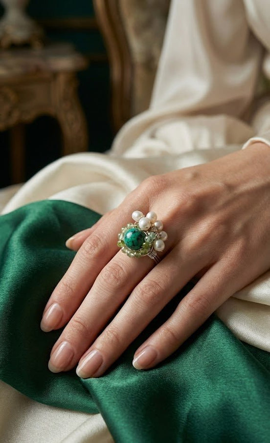 Inel Statement "Emerald Garden" – Argint, Perle Naturale și Piatră Semiprețioasă Verde - OK Lux. All rights reserved. - Rings - 