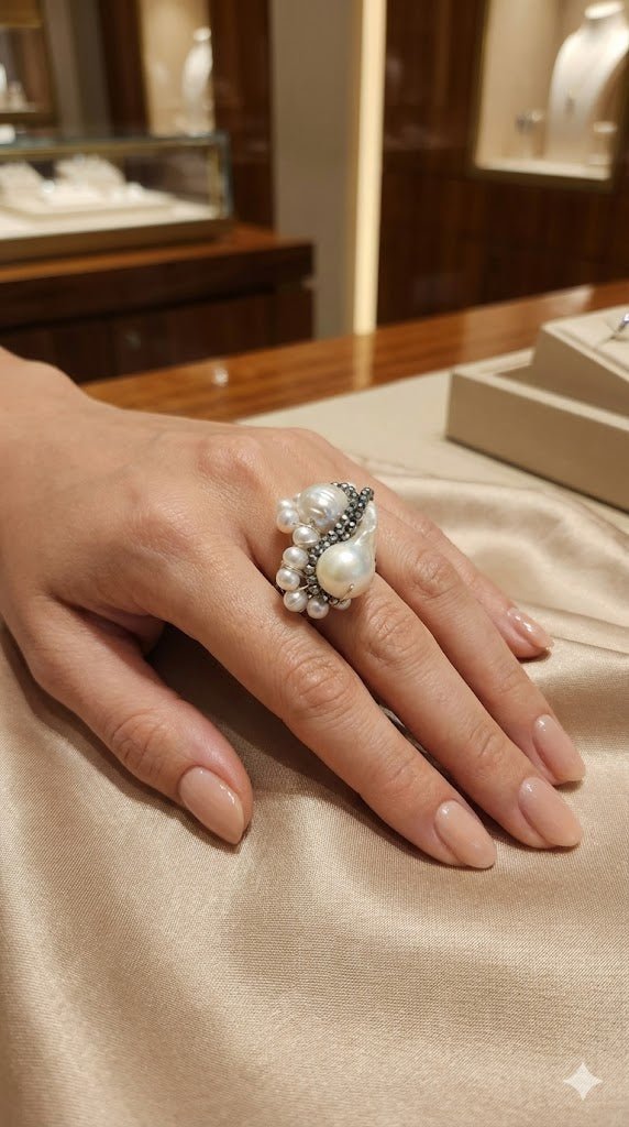 Inel Statement Handmade cu Perle Naturale Baroc și Cristale Hematit – Design Unicat | OK - LUX - OK Lux. All rights reserved. - 