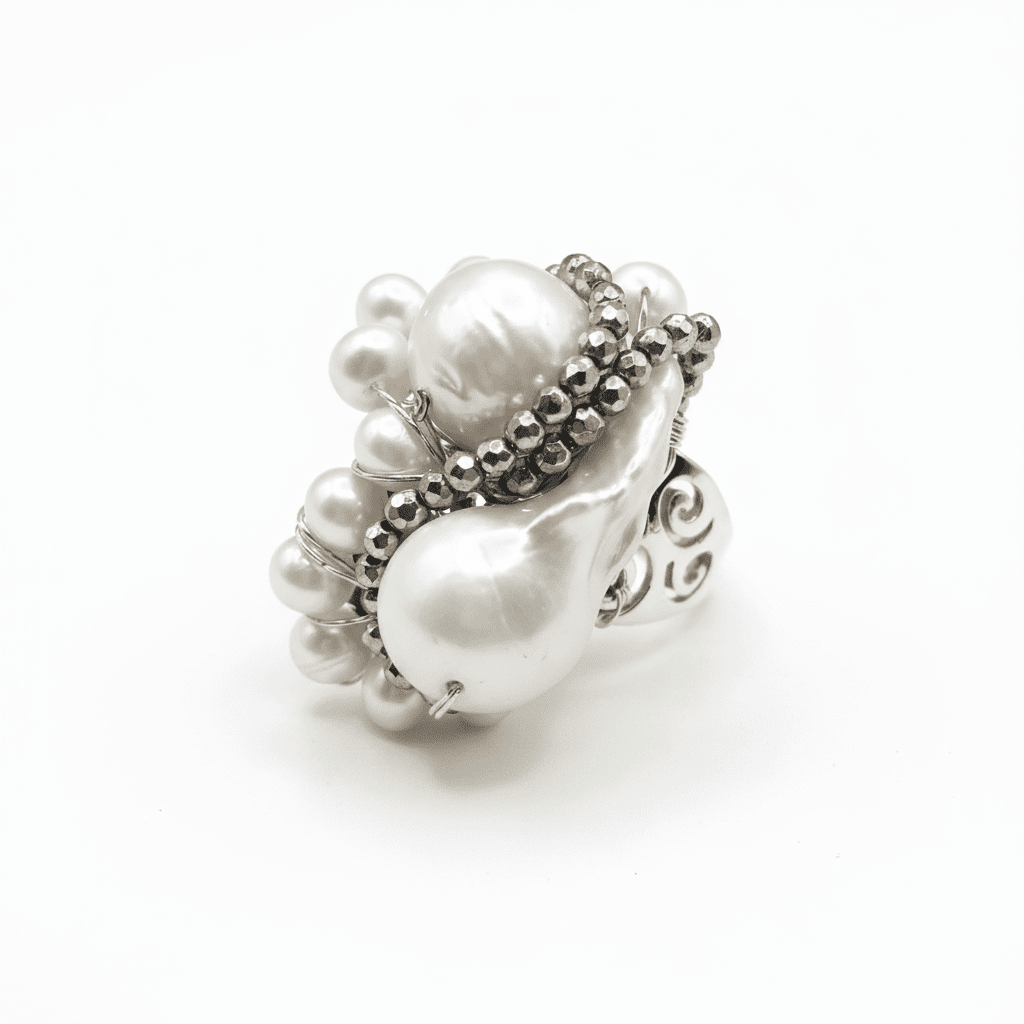 Inel Statement Handmade cu Perle Naturale Baroc și Cristale Hematit – Design Unicat | OK - LUX - OK Lux. All rights reserved. - 