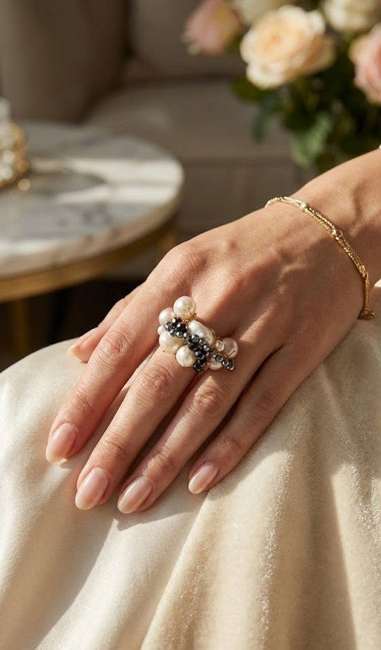 Inel Statement Handmade cu Perle Naturale de Cultură și Cristale Fațetate – Colecția Exclusivă OK - LUX - OK Lux. All rights reserved. - Rings - 