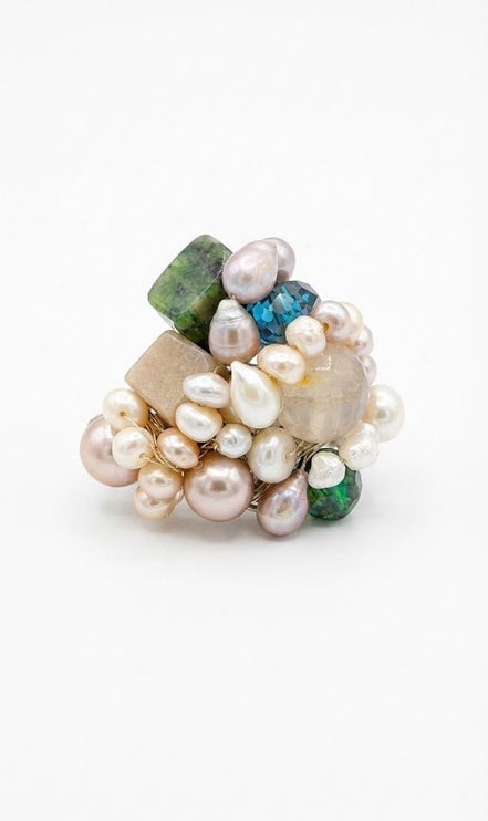 Inel Statement Handmade Royal Cluster – Perle de Cultură, Cuarț și Cristale Fațetate - OK Lux. All rights reserved. - 