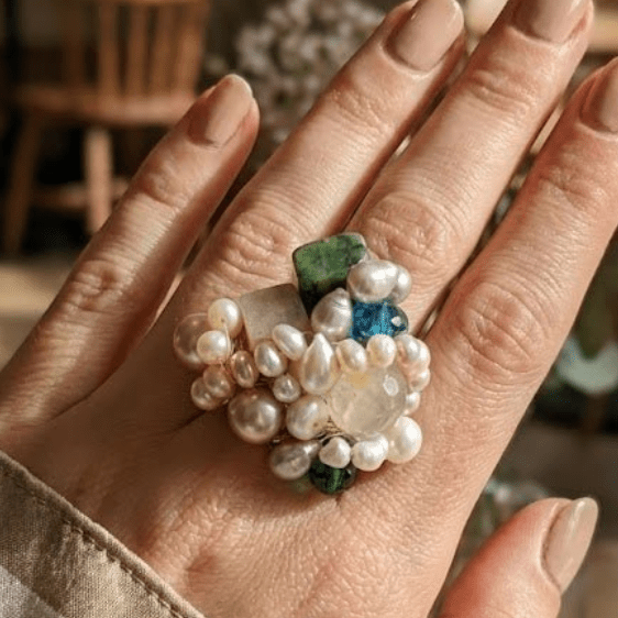 Inel Statement Handmade Royal Cluster – Perle de Cultură, Cuarț și Cristale Fațetate - OK Lux. All rights reserved. - Inele - 