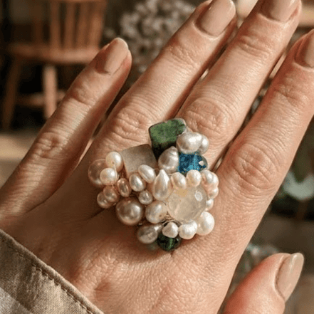 Inel Statement Handmade Royal Cluster – Perle de Cultură, Cuarț și Cristale Fațetate - OK Lux. All rights reserved. - Inele - 