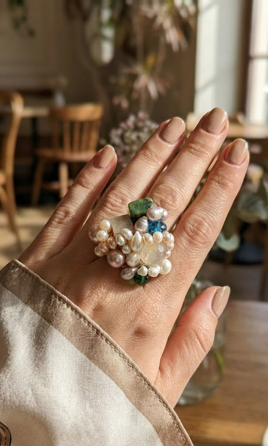 Inel Statement Handmade Royal Cluster – Perle de Cultură, Cuarț și Cristale Fațetate - OK Lux. All rights reserved. - 