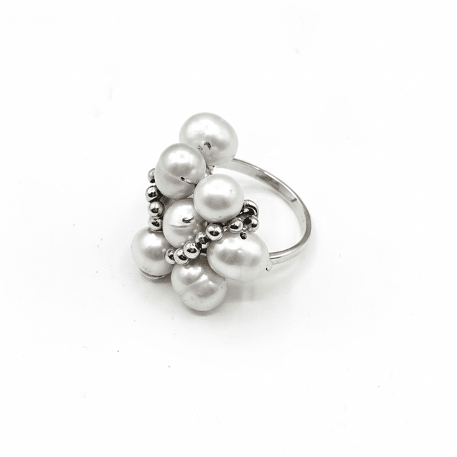 Inel Statement White Cluster cu Perle de Cultură și Accente Argintii – Handmade by Laura Stoica - OK Lux. All rights reserved. - Rings - 