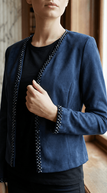 Jachetă Open - Front din Suedine Navy cu Bordură de Cristale – Accente Laura Stoica - OK Lux. All rights reserved. - Jackets - 