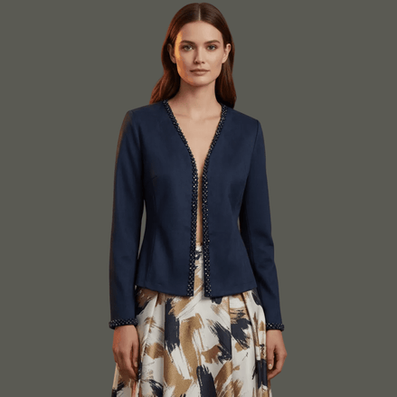Jachetă Open - Front din Suedine Navy cu Bordură de Cristale – Accente Laura Stoica - OK Lux. All rights reserved. - Geci - 