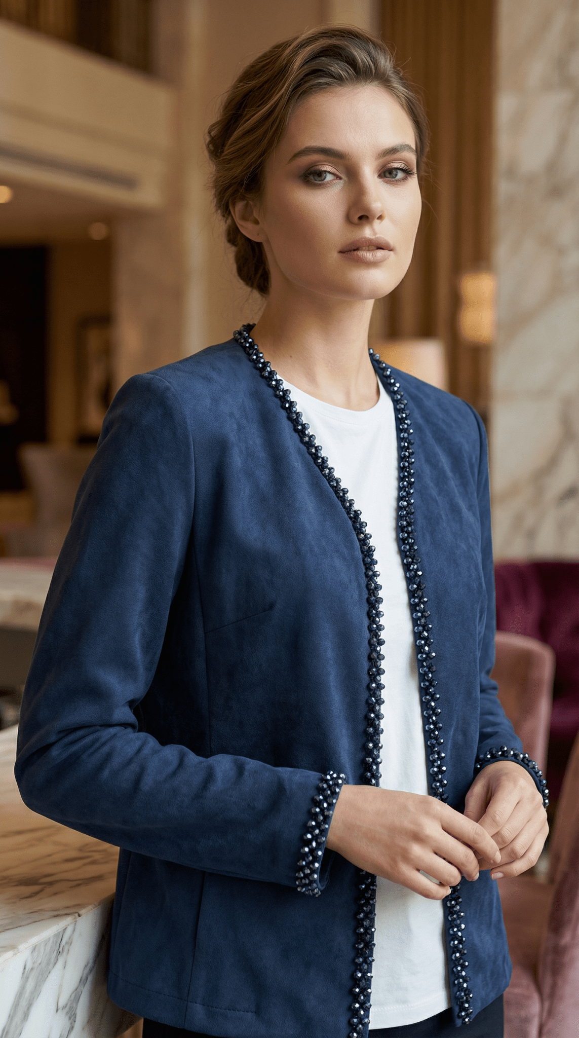 Jachetă Open - Front din Suedine Navy cu Bordură de Cristale – Accente Laura Stoica - OK Lux. All rights reserved. - Jackets - 