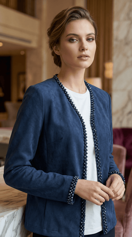 Jachetă Open - Front din Suedine Navy cu Bordură de Cristale – Accente Laura Stoica - OK Lux. All rights reserved. - Jackets - 