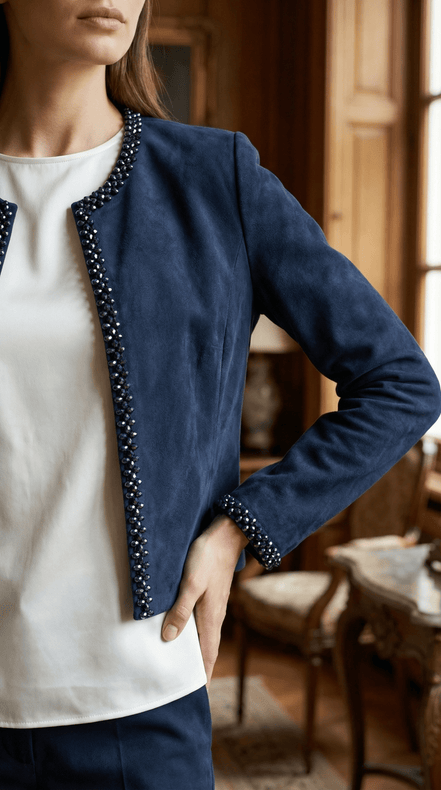 Jachetă Open - Front din Suedine Navy cu Bordură de Cristale – Accente Laura Stoica - OK Lux. All rights reserved. - Jackets - 