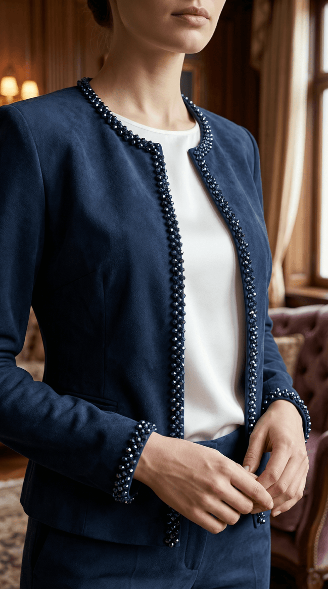 Jachetă Open - Front din Suedine Navy cu Bordură de Cristale – Accente Laura Stoica - OK Lux. All rights reserved. - Jackets - 