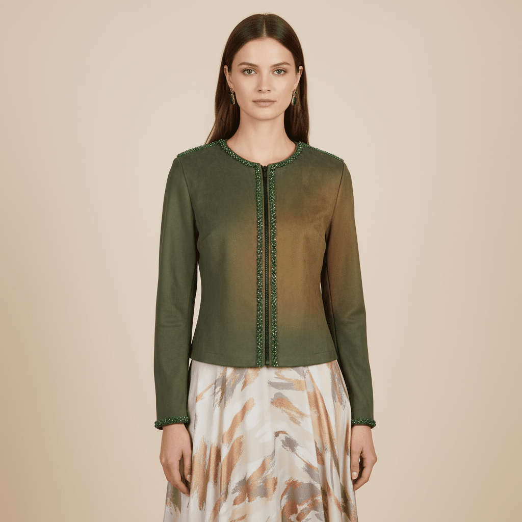 Jachetă Open - Front din Suedine Verde cu Bordură de Cristale – Accente Laura Stoica - OK Lux. All rights reserved. - Geci - 