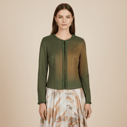 Jachetă Open - Front din Suedine Verde cu Bordură de Cristale – Accente Laura Stoica - OK Lux. All rights reserved. - Geci - 