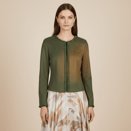Jachetă Open - Front din Suedine Verde cu Bordură de Cristale – Accente Laura Stoica - OK Lux. All rights reserved. - Geci - 