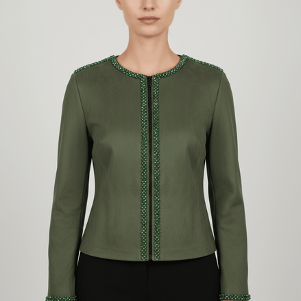 Jachetă Open - Front din Suedine Verde cu Bordură de Cristale – Accente Laura Stoica - OK Lux. All rights reserved. - Geci - 