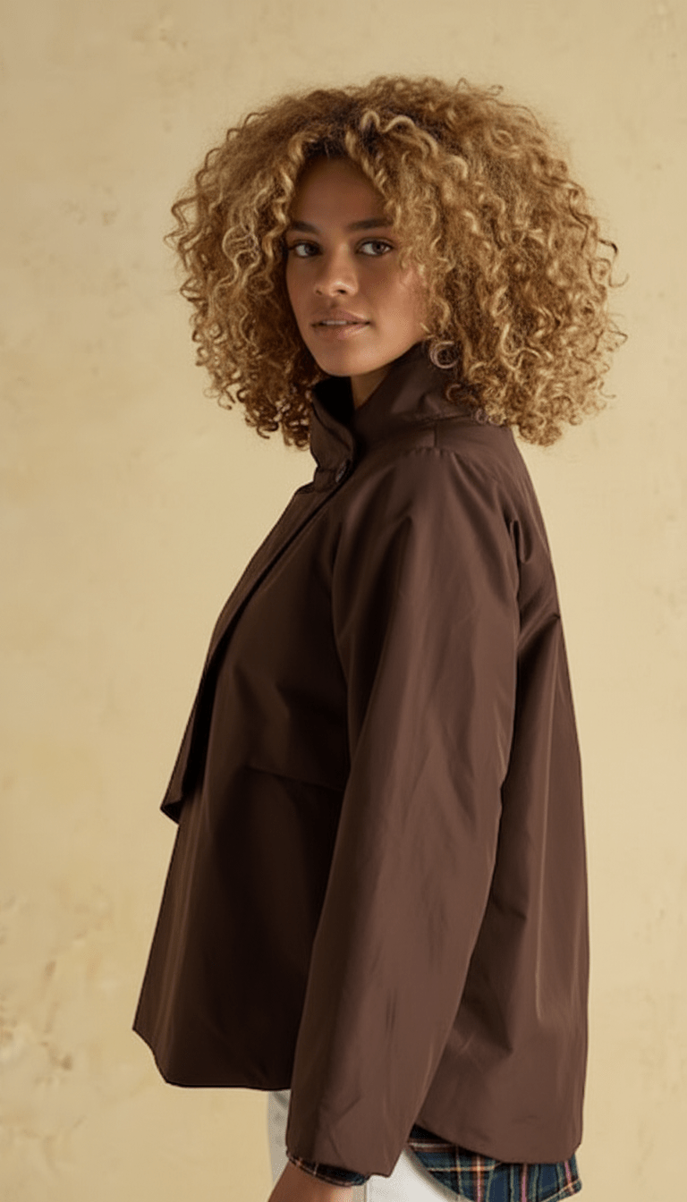 Jachetă scurtă maro ciocolatiu, croi lejer - OK Lux. All rights reserved. - Jackets - CHOCOLATE BROWN - 