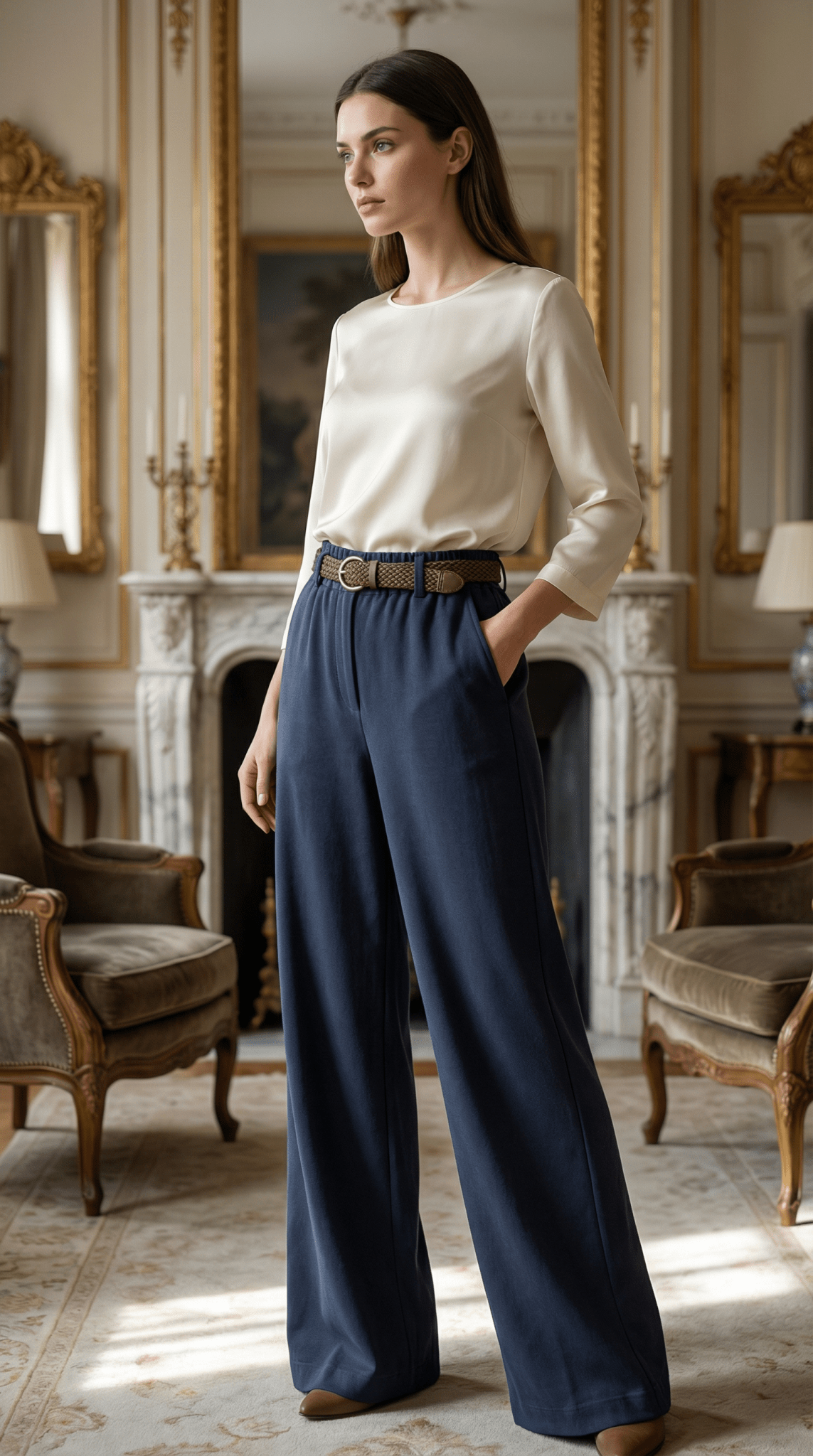 Pantaloni eleganti albastru inchis cu croiala larga si talie inalta - OK Lux. All rights reserved. - Trousers - 