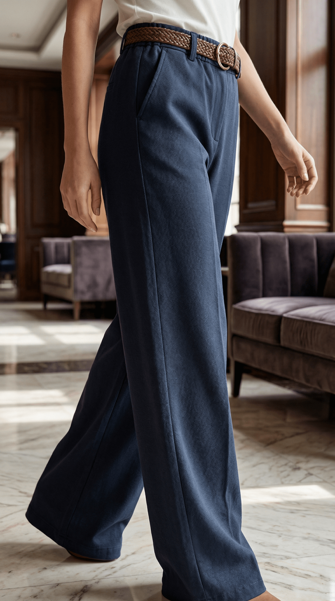 Pantaloni eleganti albastru inchis cu croiala larga si talie inalta - OK Lux. All rights reserved. - Trousers - 