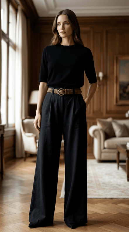 Pantaloni eleganti albastru inchis cu croiala larga si talie inalta - OK Lux. All rights reserved. - Trousers - 