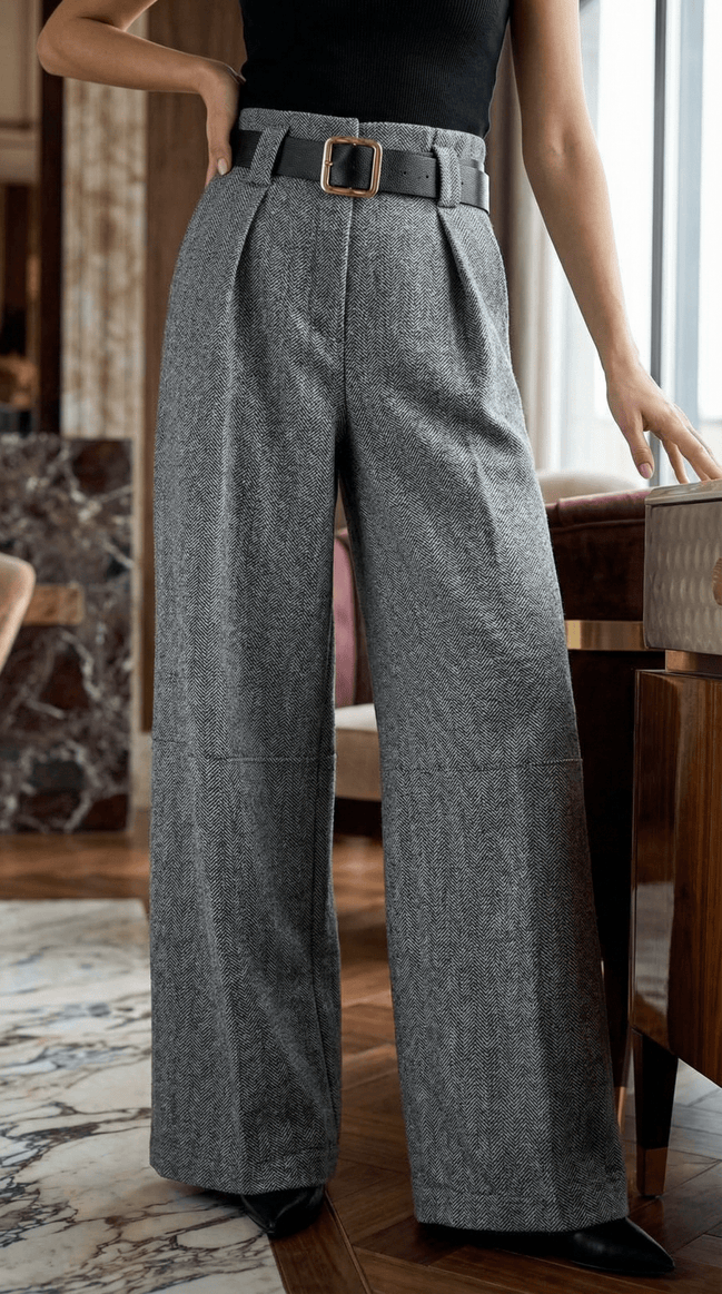 Pantaloni eleganti gri cu croiala larga si talie inalta - OK Lux. All rights reserved. - Pants - 