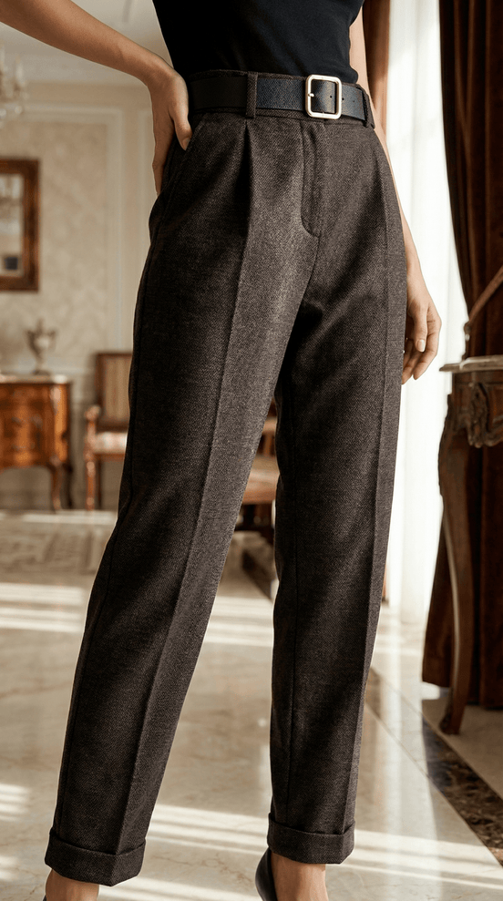 Pantaloni eleganti maro inchis cu croiala dreapta si talie inalta - OK Lux. All rights reserved. - Trousers - 