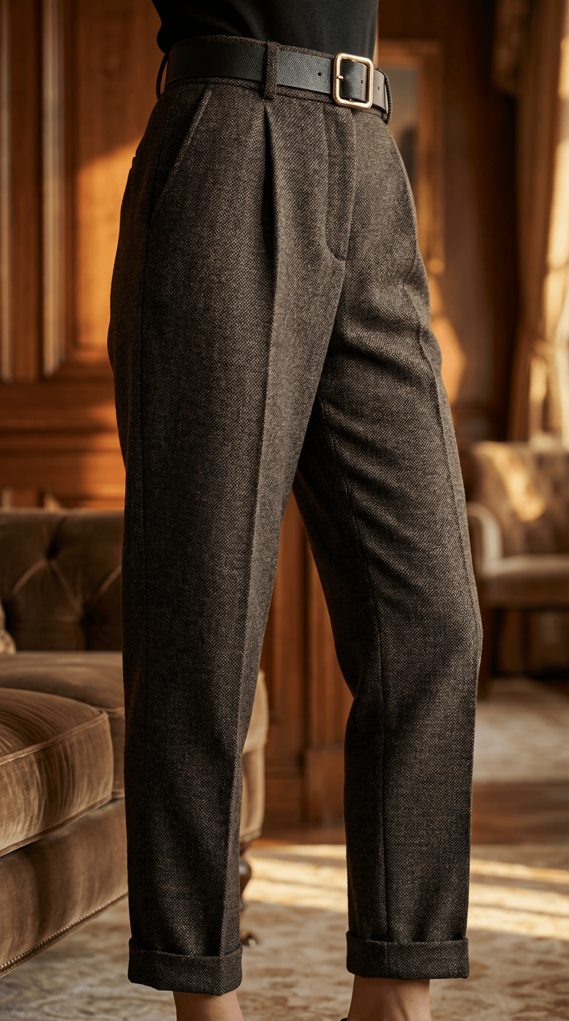 Pantaloni eleganti maro inchis cu croiala dreapta si talie inalta - OK Lux. All rights reserved. - Trousers - 