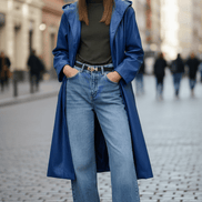 Pardesiu eco piele albastru cu glugă - OK Lux. All rights reserved. - Cardigans - BLUE - 