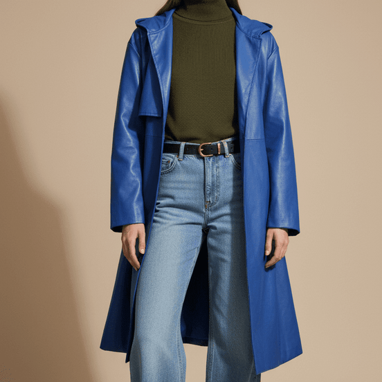 Pardesiu eco piele albastru cu glugă - OK Lux. All rights reserved. - Cardigans - BLUE - 