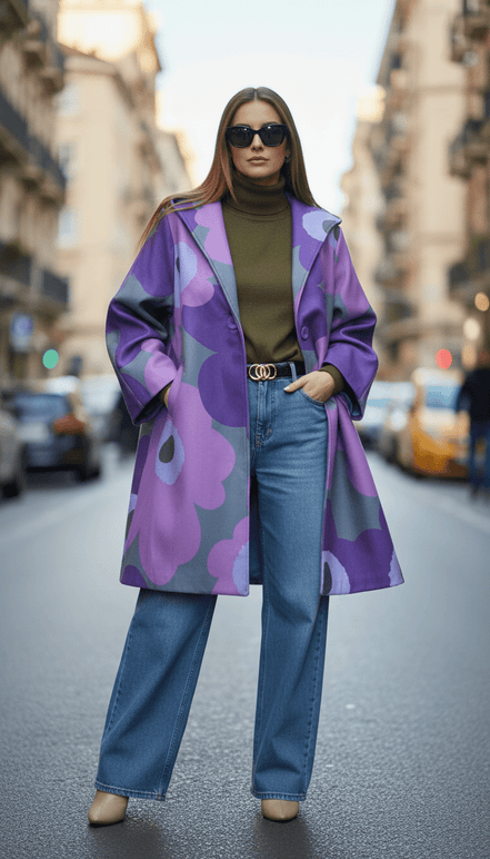 Pardesiu mov fluid cu imprimeu floral - OK Lux. All rights reserved. - Cardigans - 