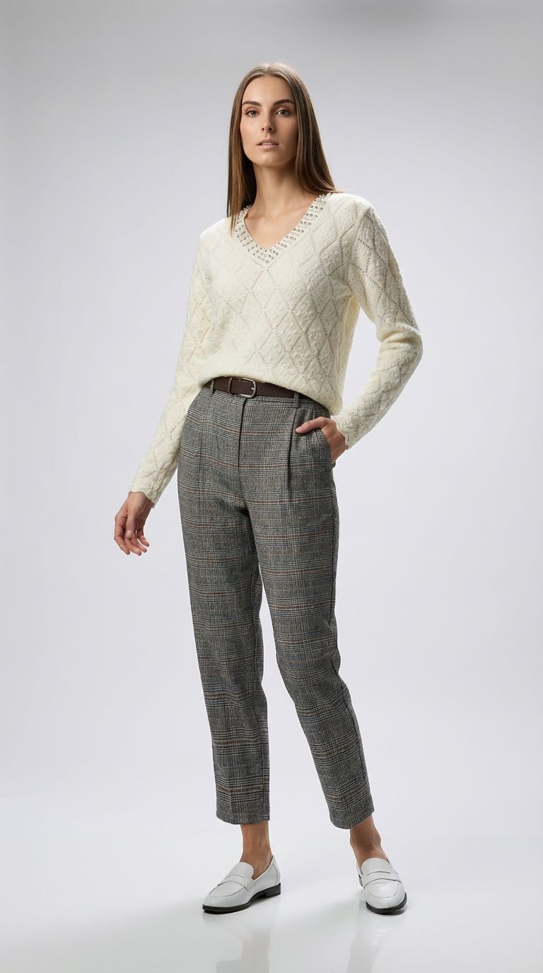 Pulover Crem Tricotat cu Model Romburi și Perle la Decolteu - OK Lux. All rights reserved. - Blouses - 