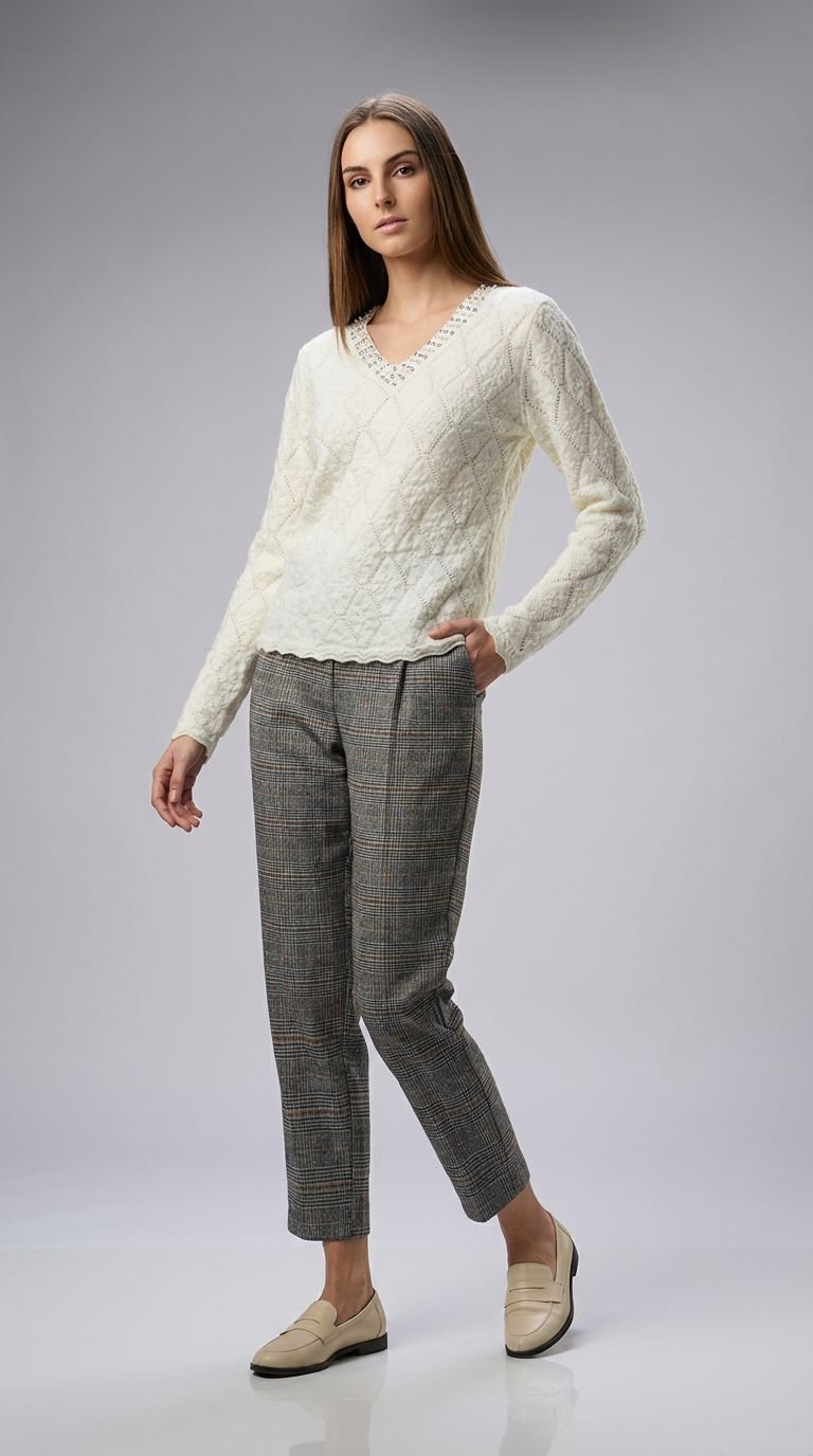 Pulover Crem Tricotat cu Model Romburi și Perle la Decolteu - OK Lux. All rights reserved. - Blouses - 