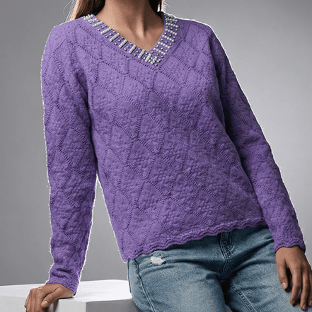 Pulover elegant mov cu decolteu in V si textura structurata - OK Lux. All rights reserved. - Blouses - 