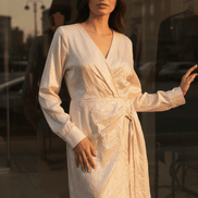 Rochie cu Decolteu în V, Elastic în Talie, Cordon și Mâneci Trei Sferturi - OK Lux. All rights reserved. - Dresses -